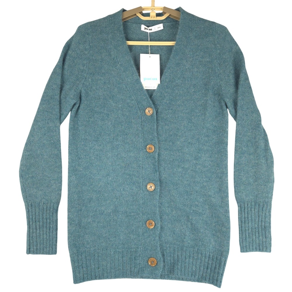 Pacas Baby Alpaca Merino Wool V-Neck Cardigan Sweater Teal Blue XS NWT